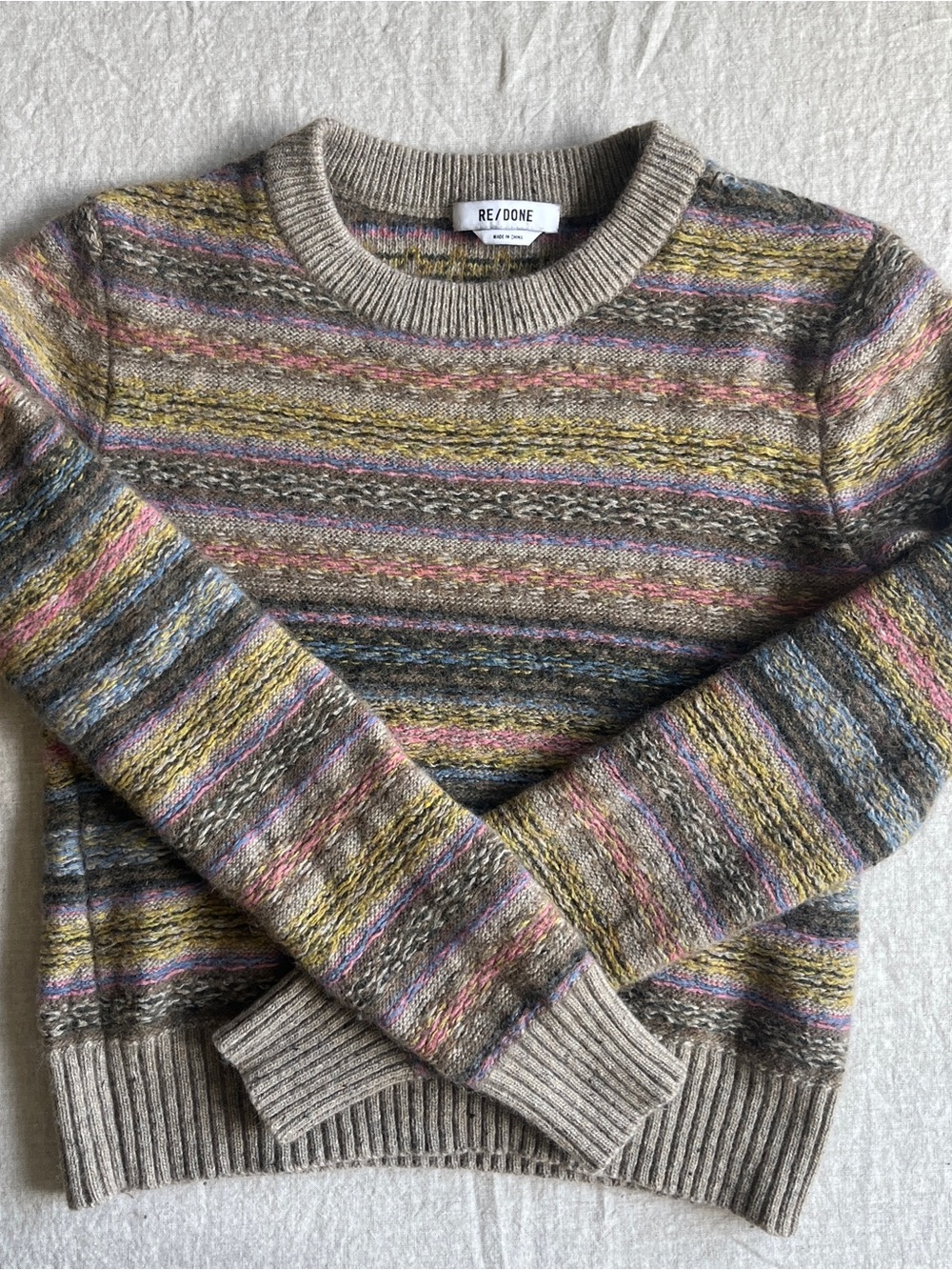 Re/Done Taupe Multicolor Striped Crewneck Sweater Cropped